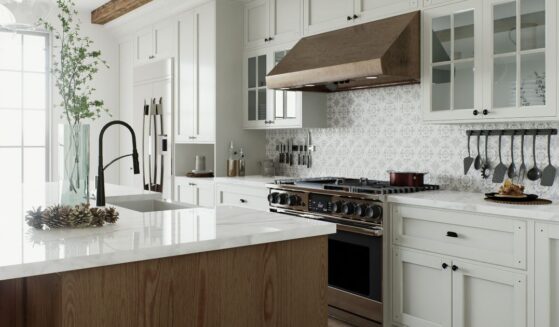 A traditional L-shaped kitchen with a large island.