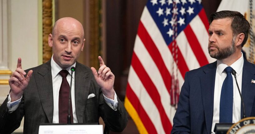 White House Deputy Chief of Staff Stephen Miller, left, speaks as Vice President J.D. Vance looks on during a roundtable discussion on anti-fraud initiatives Tuesday. Miller said the U.S. could balance the federal budget by eliminating all of the fraud in government programs.