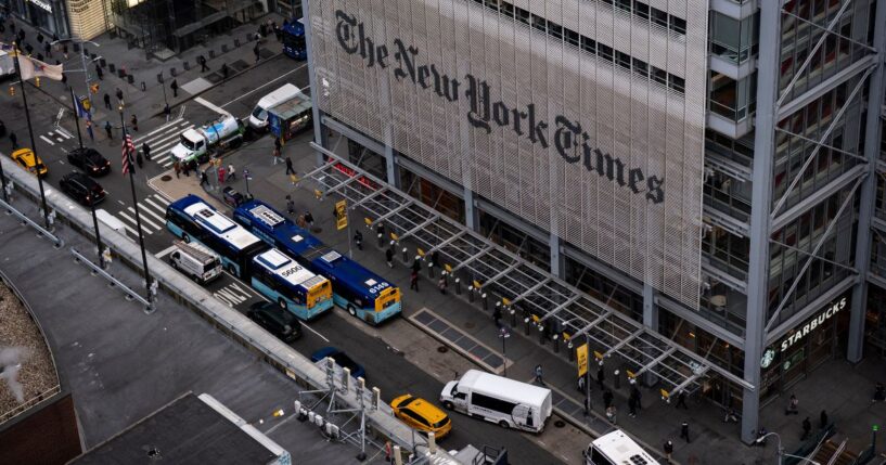 The New York Times Building, a 52-story skyscraper on the west side of Midtown Manhattan, is seen in a file photo dated Jan. 15, 2025, in New York City.