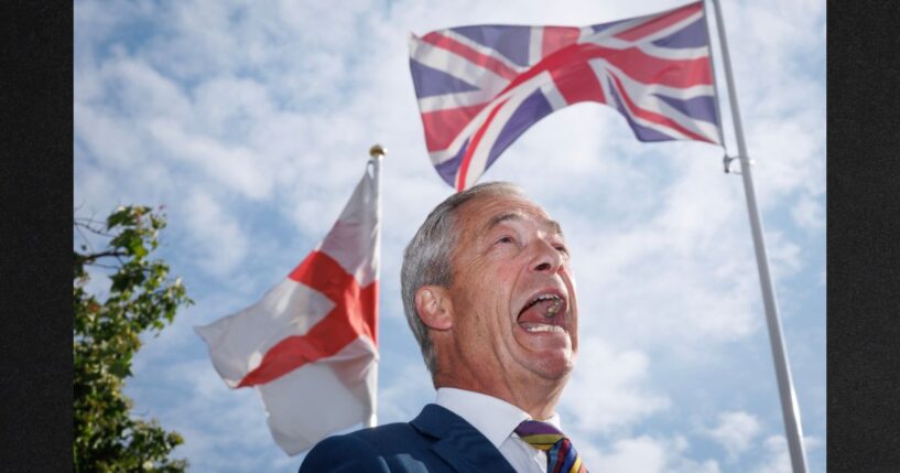Reform U.K. leader Nigel Farage speaks with media Friday following the 2026 local election results in Romford, England. Voters went to the polls yesterday in the local elections across England. Results counted overnight show widespread losses for the Labour Party.