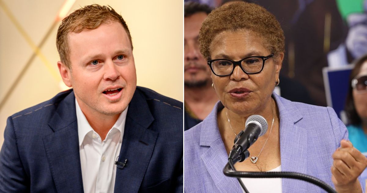 Republican LA Mayoral candidate Spencer Pratt, left, said his opponent, incumbent Democrat Mayor Karen Bass, was filmed breaking the law.