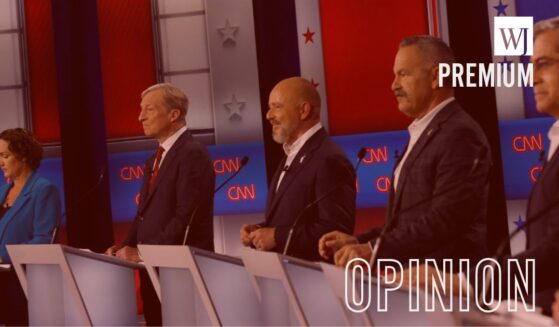 California gubernatorial candidates, from left, former Rep. Katie Porter, businessman Tom Steyer, businessman Steve Hilton, Riverside County Sheriff Chad Bianco, and former U.S. Secretary of Health and Human Services Xavier Becerra, look on during a CNN California Governor Primary Debate at East Los Angeles College Tuesday in Monterey Park, California.