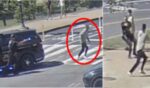 As police arrived at the scene, left, the gunman started to run and then exchanged shots with an officer, right. A teenager behind the officer was struck.