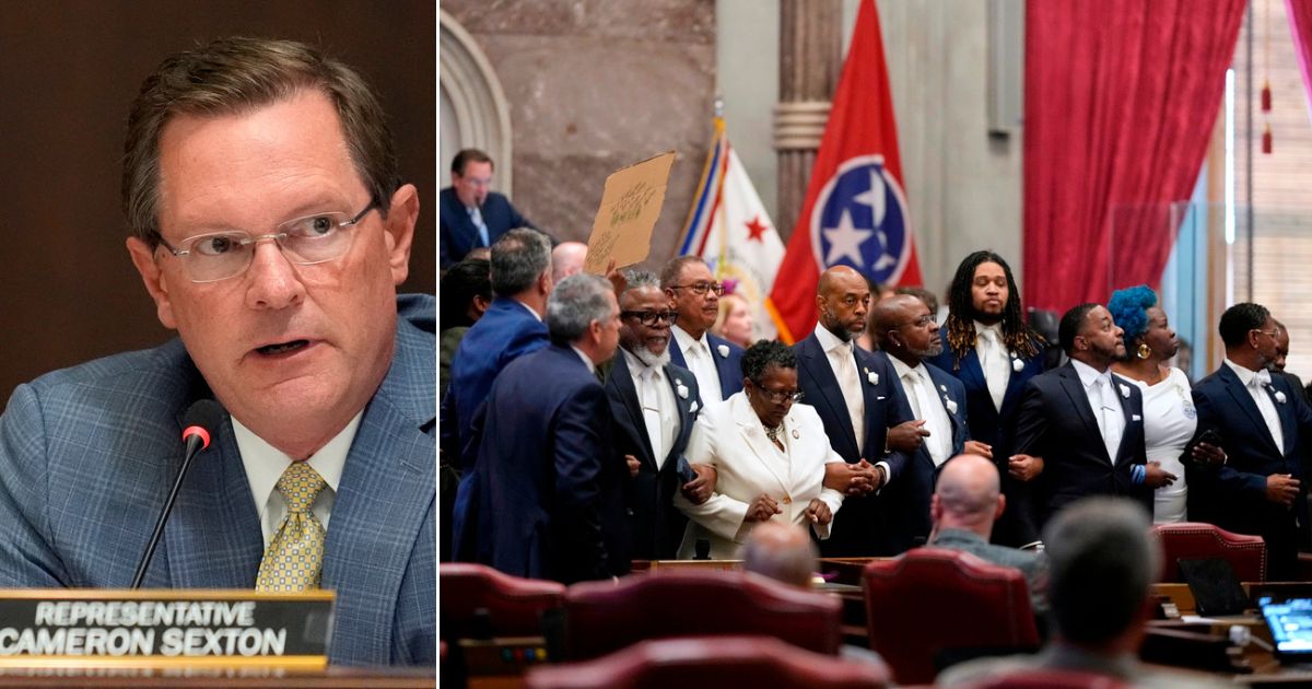 Tennessee House Speaker Cameron Sexton, left, notified House Democrats they are being stripped of most of their committee assignments as punishment for disruptive behavior last week, which included blasting noisemakers and locking arms and drowning out activity as the GOP majority voted to redraw congressional voting maps Thursday in Nashville, Tennessee.