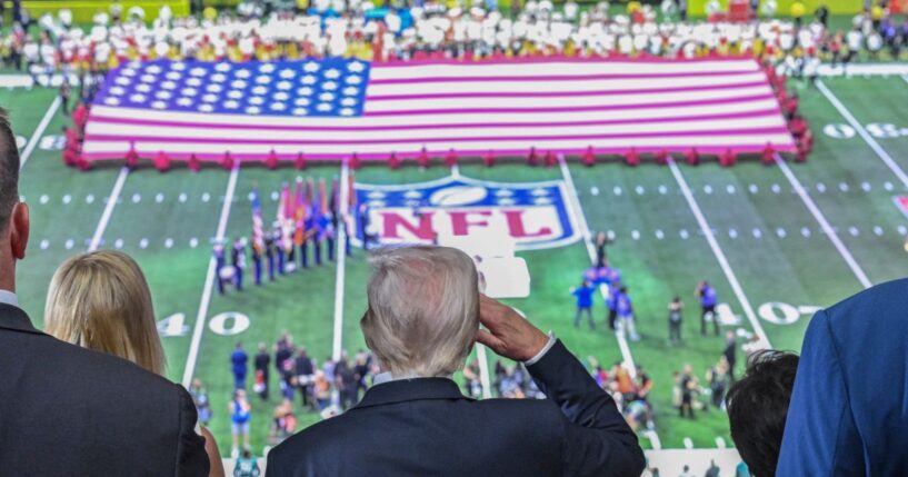 President Donald Trump salutes as the national anthem is played before the start of Super Bowl LIX between the Kansas City Chiefs and the Philadelphia Eagles at Caesars Superdome in New Orleans, Louisiana, on Feb. 9, 2025.