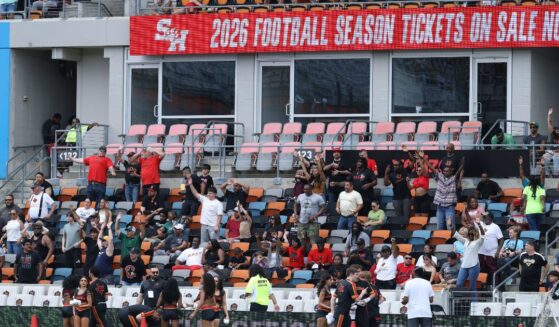 A view of the ribbon displaying Sam Houston State University is shown during the game between the Houston Gamblers and the Columbus Aviators at Shell Energy Stadium on April 26, 2026, in Houston, Texas.