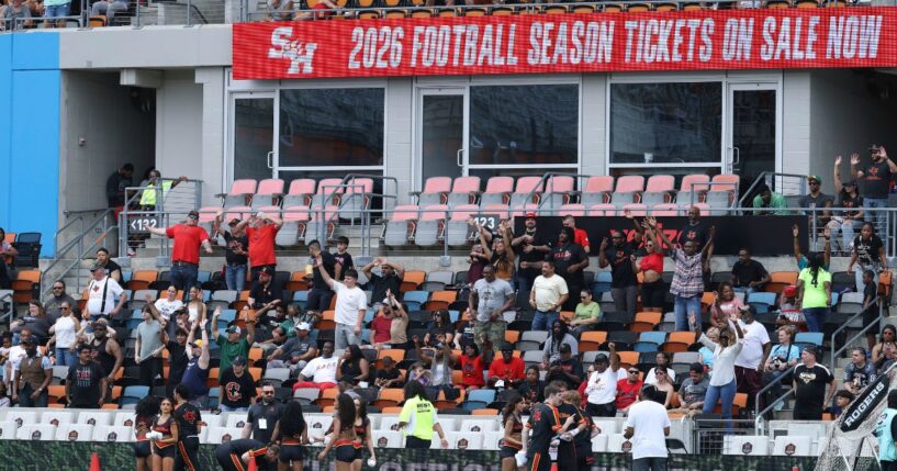 A view of the ribbon displaying Sam Houston State University is shown during the game between the Houston Gamblers and the Columbus Aviators at Shell Energy Stadium on April 26, 2026, in Houston, Texas.