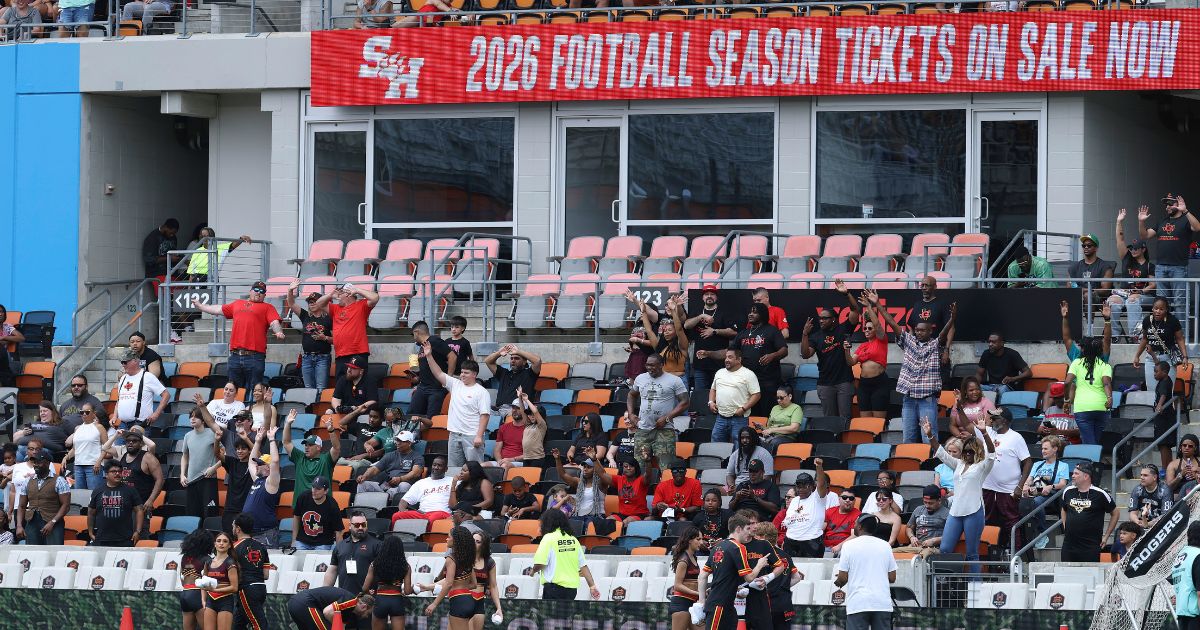 A view of the ribbon displaying Sam Houston State University is shown during the game between the Houston Gamblers and the Columbus Aviators at Shell Energy Stadium on April 26, 2026, in Houston, Texas.