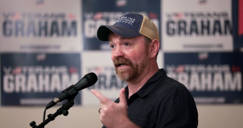 Maine Senate candidate Graham Platner speaks during a campaign event at the Veterans of Foreign Wars Post 6859 on May 17, 2026, in Portland, Maine.