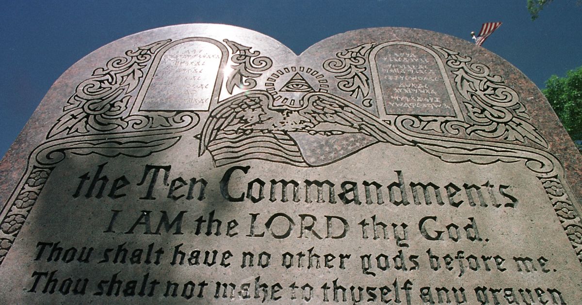 A 42-year-old Ten Commandments sculpture is on display in front of city hall June 27, 2001, in Grand Junction, Colorado.