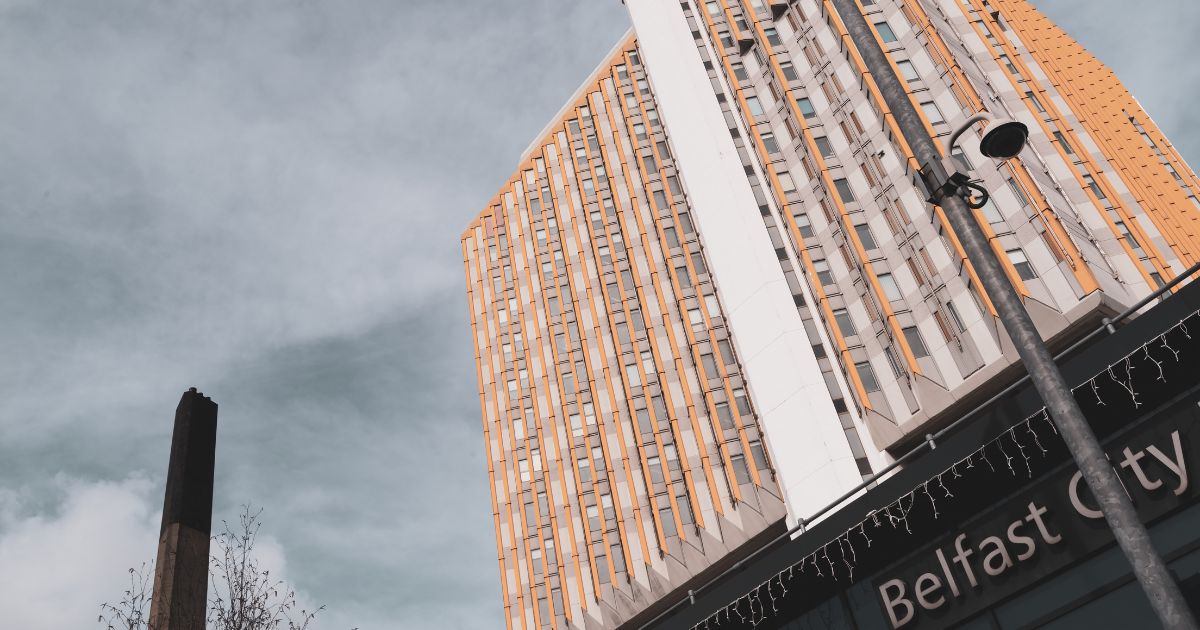 The high rise tower of Belfast City Hospital and adjacent to it the smokestack of the hospital's incinerator in Belfast, Northern Ireland, on March 23, 2019.