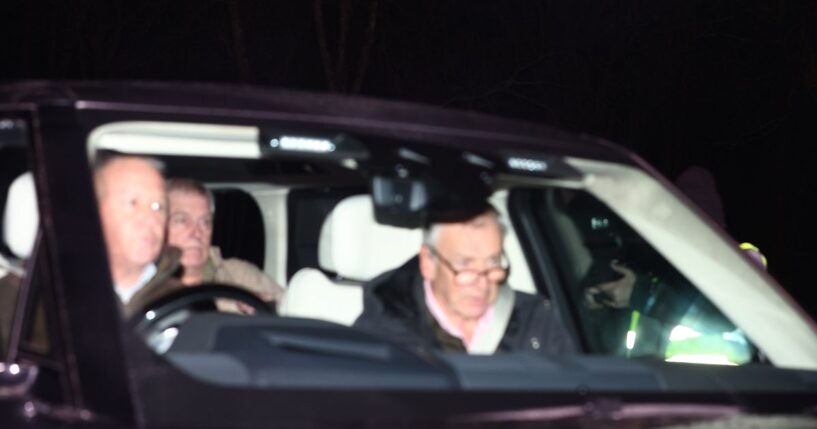Andrew Mountbatten-Windsor is seen returning after leaving police custody, following his arrest on Feb. 19, 2026, in Sandringham, Norfolk.