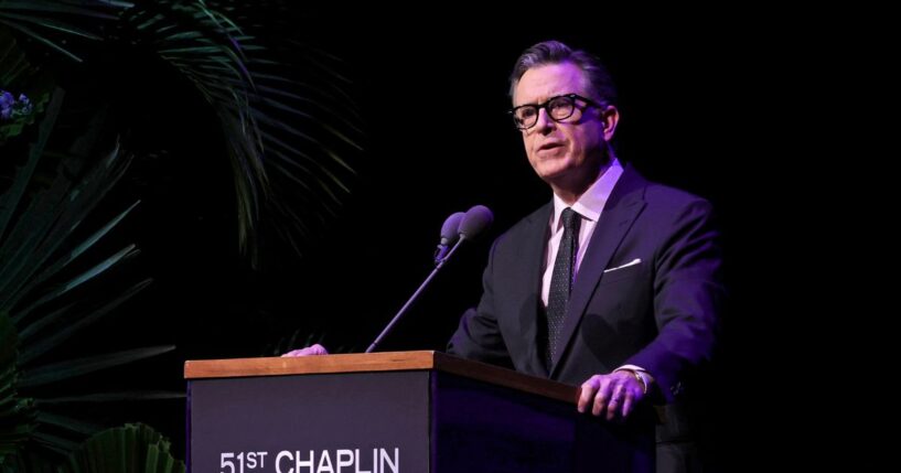 Stephen Colbert speaks onstage during the 51st Chaplin Award Gala honoring George Clooney at Alice Tully Hall, Lincoln Center, on April 27, 2026, in New York City.
