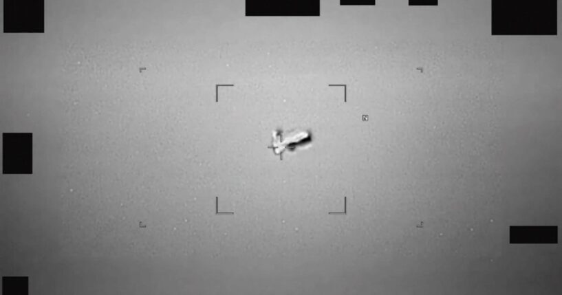 In this handout image provided by the Department of War, an images of a UAP that resembles a football-shaped body near Japan that the U.S. Indo-Pacific Command reported. The Department of War announced the initial release of new, never-before-seen files on UAPs on May 8, 2026, as part of a Trump administration transparency effort.