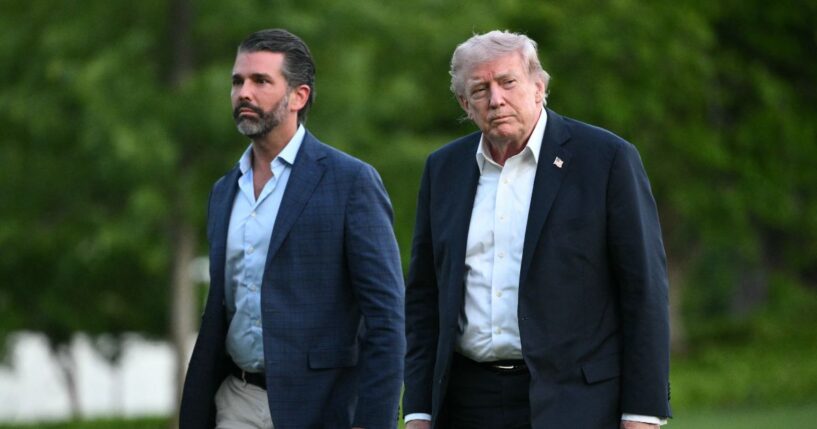 President Donald Trump and Donald Trump Jr. walk on the south lawn toward the White House in Washington, D.C., on May 3, 2026.