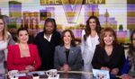 Vice President Kamala Harris is pictured in studio at ABC during a break in the recording of the show "The View" with hosts Sara Haines, Ana Navarro, Whoopi Goldberg, Alyssa Farah Griffin, Joy Behar, and Sunny Hostin in New York on Oct. 8, 2024.