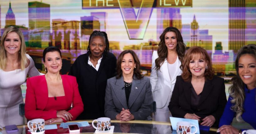 Vice President Kamala Harris is pictured in studio at ABC during a break in the recording of the show "The View" with hosts Sara Haines, Ana Navarro, Whoopi Goldberg, Alyssa Farah Griffin, Joy Behar, and Sunny Hostin in New York on Oct. 8, 2024.