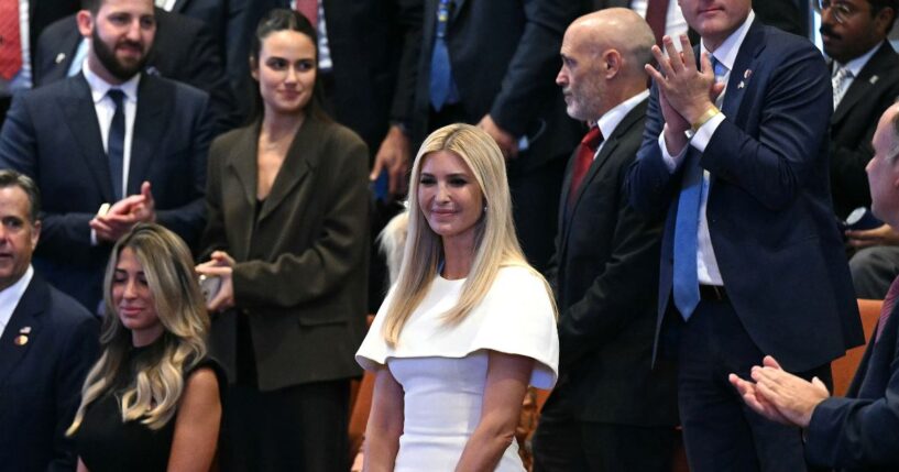 Ivanka Trump, daughter of President Donald Trump, acknowledges applause at the Israeli parliament, the Knesset, on Oct. 13, 2025, in Jerusalem.