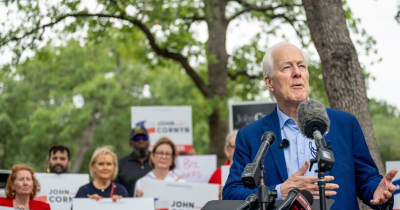 Sen. John Cornyn speaks during a news conference after casting his vote during early voting in the primary runoff at the Circle C Community Center on May 18, 2026, in Austin, Texas.