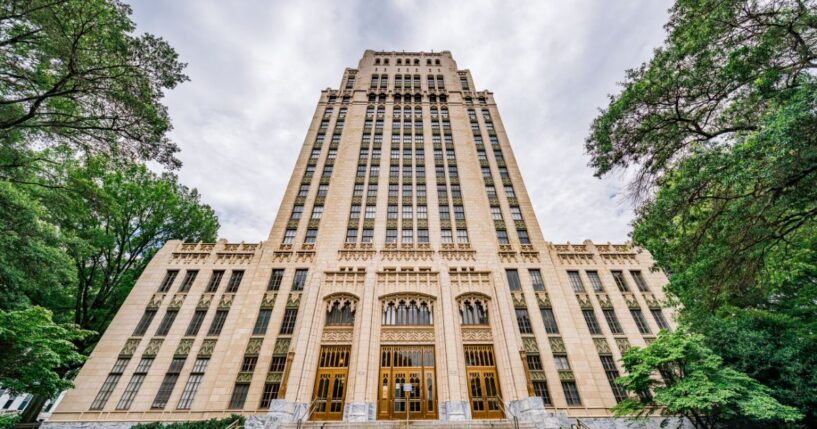 A low-angle view of Atlanta City Hall in Fulton County, Georgia.