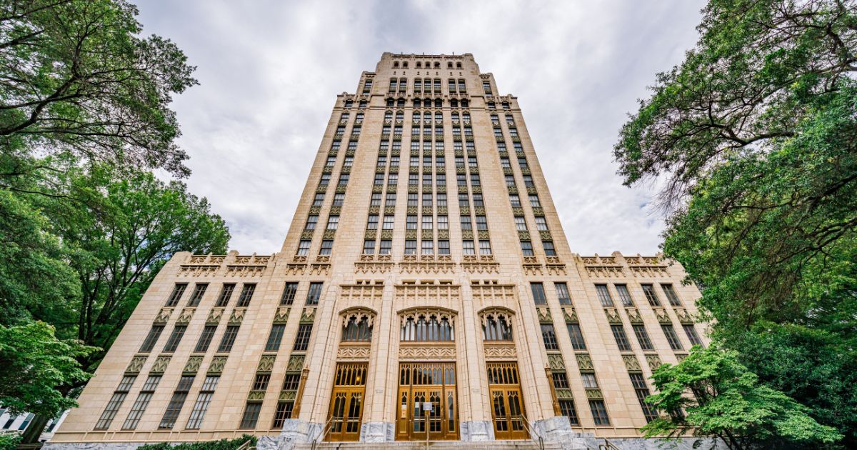 A low-angle view of Atlanta City Hall in Fulton County, Georgia.
