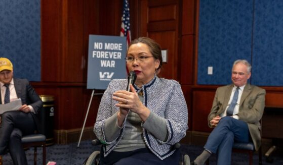 Sen. Tammy Duckworth speaks with veterans about the Iran war at Capitol Hill on March 18, 2026, in Washington, D.C.