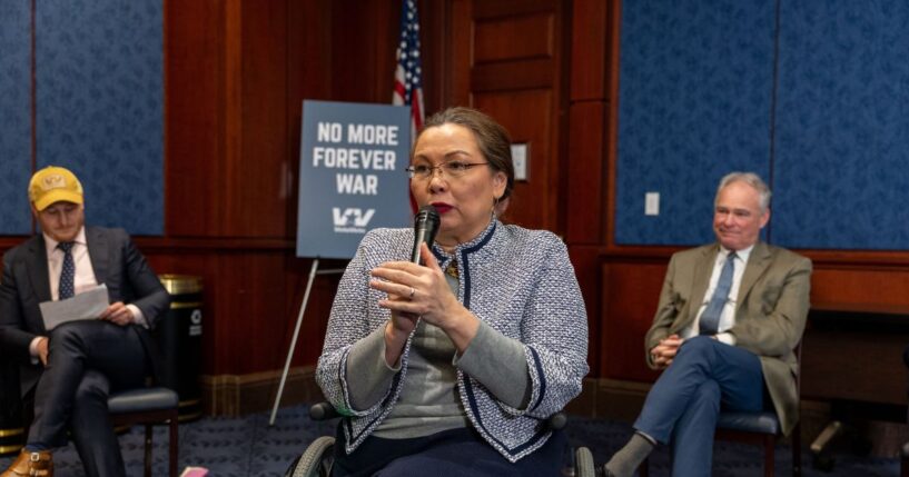 Sen. Tammy Duckworth speaks with veterans about the Iran war at Capitol Hill on March 18, 2026, in Washington, D.C.