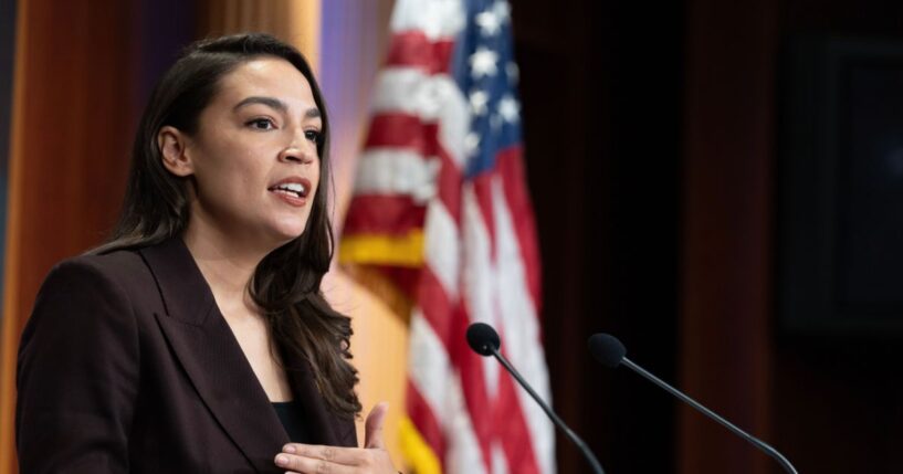 Rep. Alexandria Ocasio-Cortez speaks at a press conference to announce the Artificial Intelligence Data Center Moratorium Act at the U.S. Capitol on March 25, 2026, in Washington, D.C.