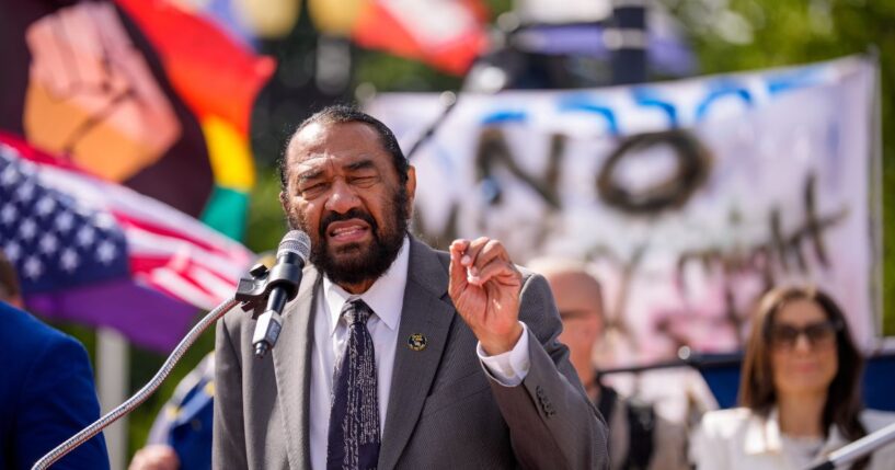 Rep. Al Green speaks during a rally at Columbus Circle in front of Union Station before marching on Capitol Hill on Sept. 2, 2025, in Washington, D.C.