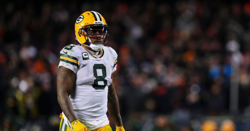 Josh Jacobs of the Green Bay Packers looks on from the field during an NFC Wild Card Playoff game against the Chicago Bears at Soldier Field on Jan. 10, 2026, in Chicago, Illinois.