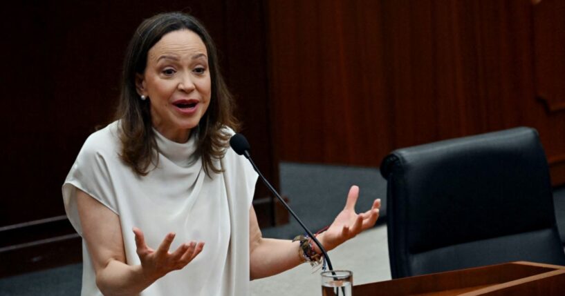 Venezuelan opposition leader Maria Corina Machado gestures as she delivers a speech at the National Assembly in Panama City on May 25, 2026.