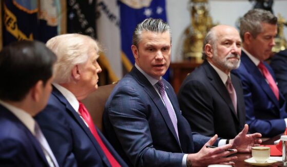 Secretary of War Pete Hegseth speaks as Secretary of State Marco Rubio, President Donald Trump, Commerce Secretary Howard Lutnick, and Transportation Secretary Sean Duffy listen during a Cabinet meeting in the Cabinet Room of the White House on May 27, 2026, in Washington, D.C.