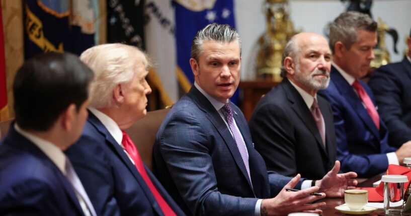 Secretary of War Pete Hegseth speaks as Secretary of State Marco Rubio, President Donald Trump, Commerce Secretary Howard Lutnick, and Transportation Secretary Sean Duffy listen during a Cabinet meeting in the Cabinet Room of the White House on May 27, 2026, in Washington, D.C.