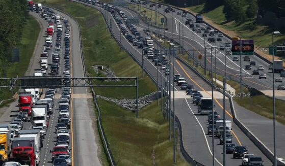 Heavy Memorial Day traffic moves southbound and northbound along I-95 on May 22, 2015, in Quantico, Virginia.