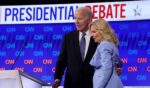 President Joe Biden embraces First Lady Jill Biden following the CNN Presidential Debate at the CNN Studios on June 27, 2024, in Atlanta, Georgia.