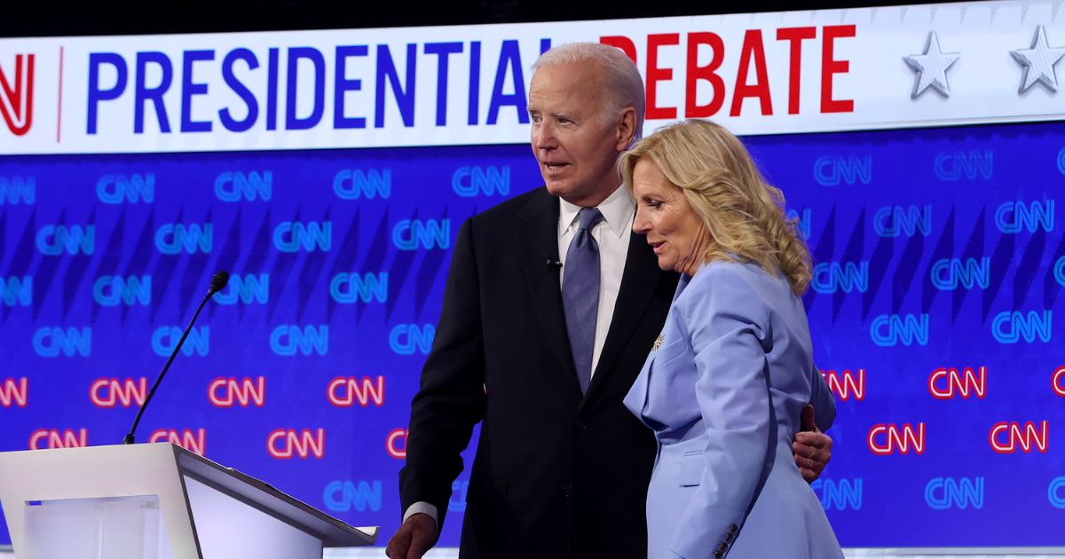 President Joe Biden embraces First Lady Jill Biden following the CNN Presidential Debate at the CNN Studios on June 27, 2024, in Atlanta, Georgia.