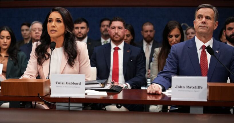 FBI Director Kash Patel, Director of National Intelligence Tulsi Gabbard, and Director of the Central Intelligence Agency John Ratcliffe testify during a House Select Intelligence Committee hearing on March 19, 2026, in Washington, D.C.