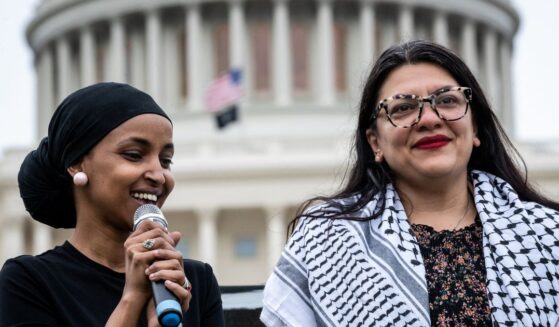 Rep. Ilhan Omar and Rep. Rashida Tlaib participate in a Passover Seder on the U.S. Capitol lawn hosted by Jewish organizations advocating a ceasefire in Gaza and Palestinian freedom, in Washington, D.C., on April 30, 2024.