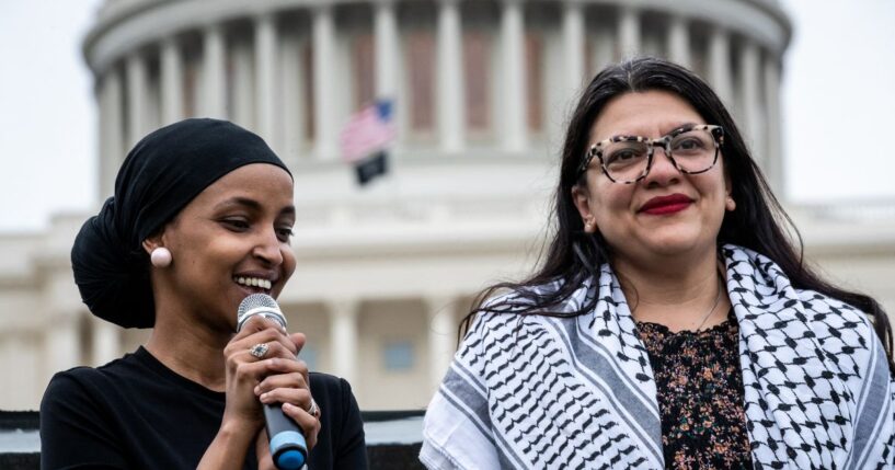 Rep. Ilhan Omar and Rep. Rashida Tlaib participate in a Passover Seder on the U.S. Capitol lawn hosted by Jewish organizations advocating a ceasefire in Gaza and Palestinian freedom, in Washington, D.C., on April 30, 2024.