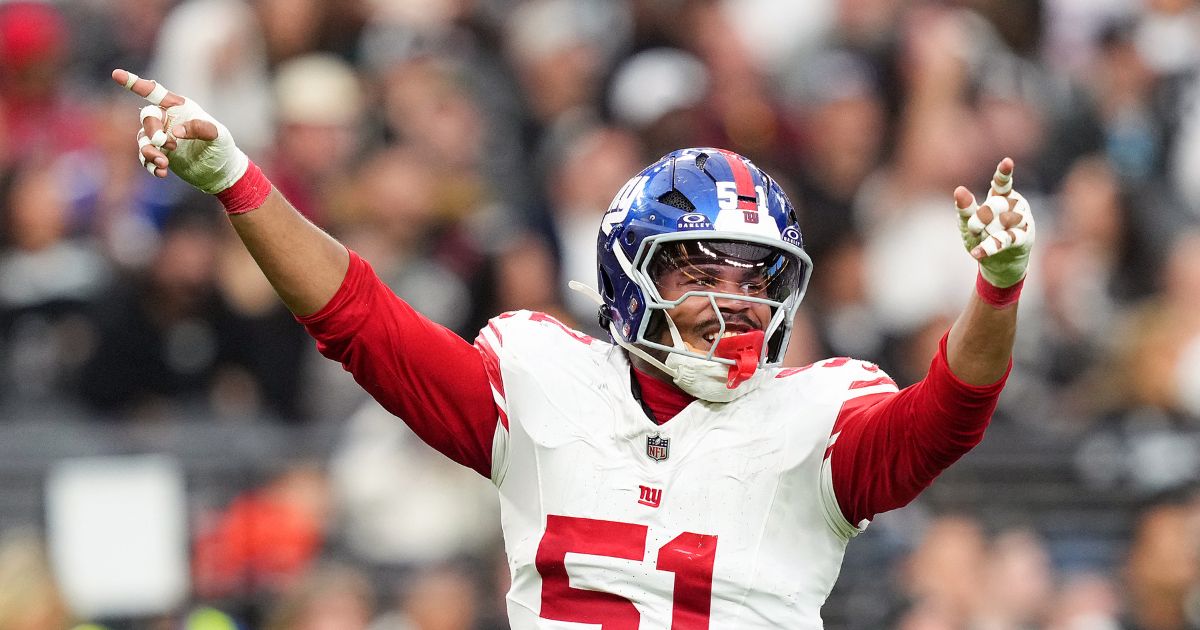 Abdul Carter of the New York Giants reacts after a flag during the second quarter of the game against the Las Vegas Raiders at Allegiant Stadium on Dec. 28, 2025, in Las Vegas, Nevada.