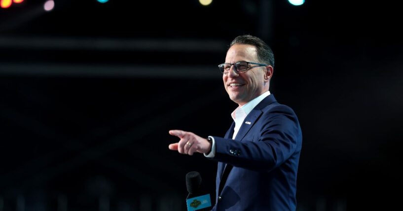 Gov. Josh Shapiro points prior to Round One of the 2026 NFL Draft at Acrisure Stadium on April 23, 2026, in Pittsburgh, Pennsylvania.