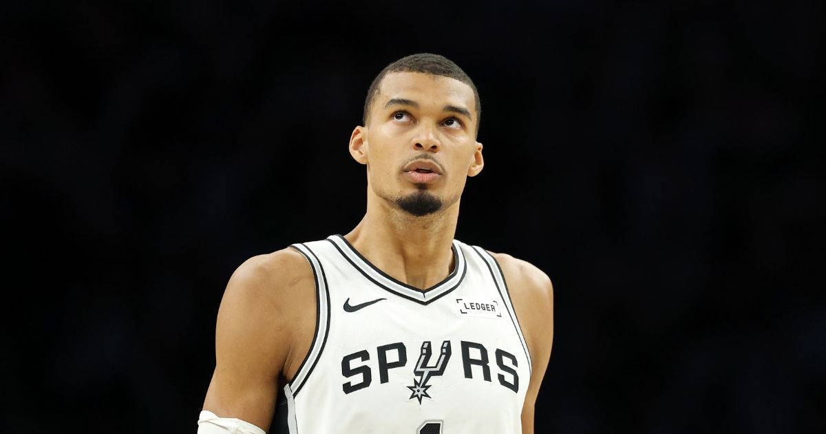 Victor Wembanyama of the San Antonio Spurs looks on during the first quarter against the Minnesota Timberwolves in Game Four of the Second Round of the NBA Western Conference Playoffs at Target Center on May 10, 2026, in Minneapolis, Minnesota.