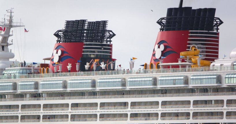 The Disney Wonder cruise ship sails out of San Diego Bay on April 24, 2026, in San Diego, California.