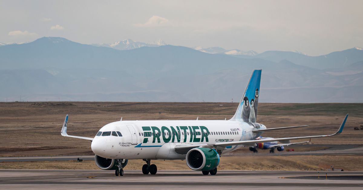 A Frontier Airlines Airbus A320neo plane, owned by the Bank of Utah Trustee, taxis to a gate at Denver International Airport on March 23, 2026, in Denver, Colorado.