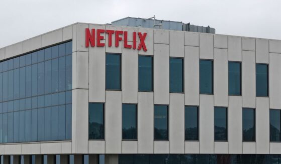 In an aerial view, the Netflix logo is displayed at a company office on May 12, 2026, in Los Angeles, California.