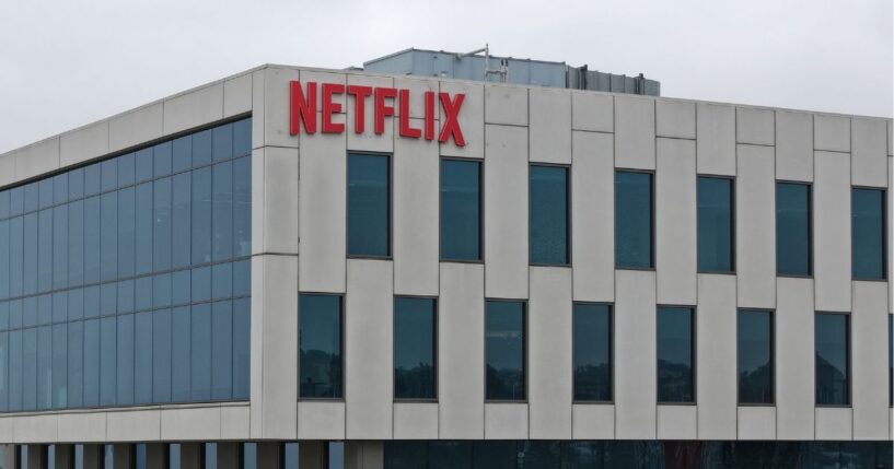 In an aerial view, the Netflix logo is displayed at a company office on May 12, 2026, in Los Angeles, California.