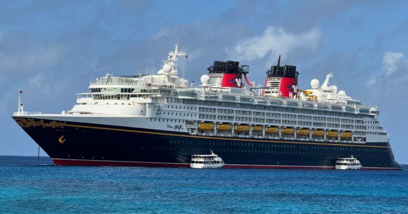 À Disney Magic cruise ship is approaching the Royal Walter cruise terminal in George Town port, Grand Cayman, on Feb. 12, 2024.