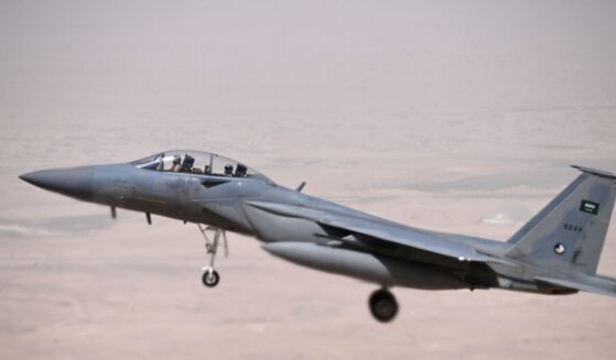 A Saudi fighter jet escorts Air Force One into Riyadh on May 13, 2025.