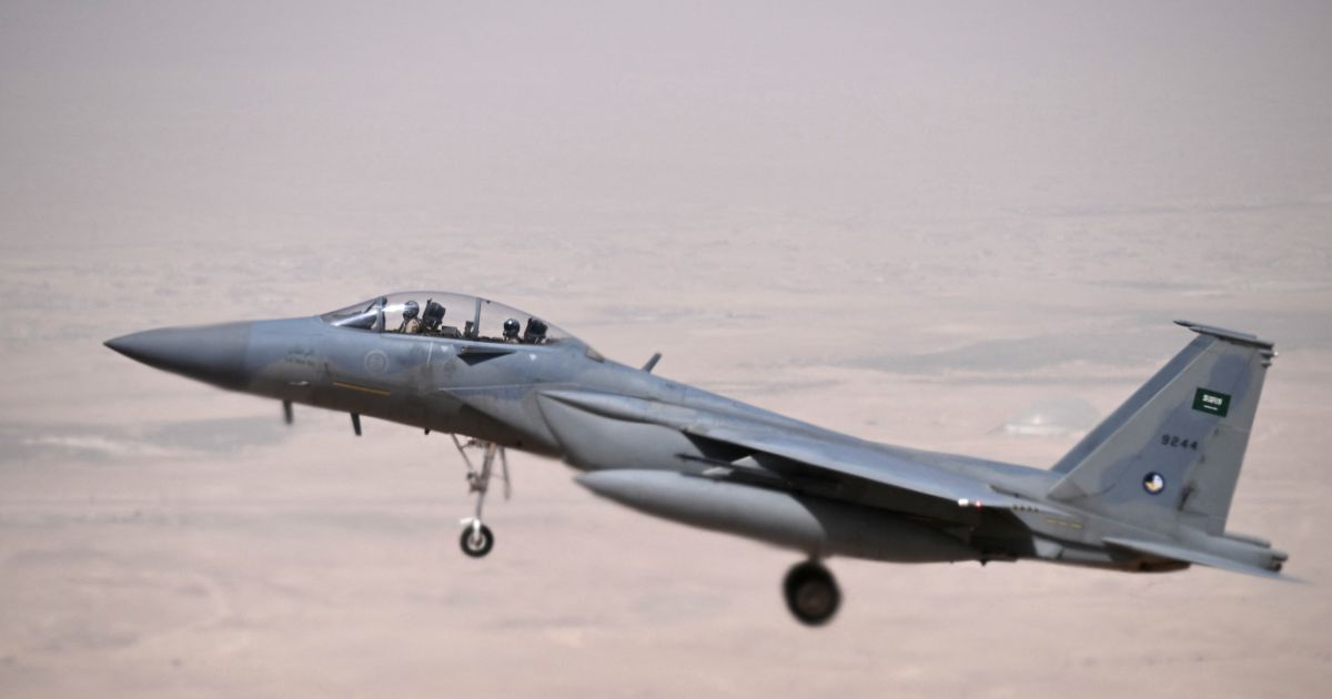 A Saudi fighter jet escorts Air Force One into Riyadh on May 13, 2025.