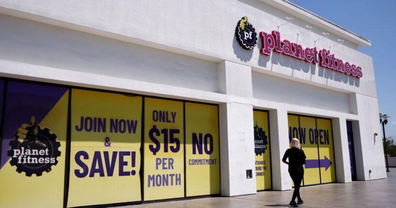 The Planet Fitness logo is displayed at a Planet Fitness gym on May 7, 2026, in Pasadena, California.